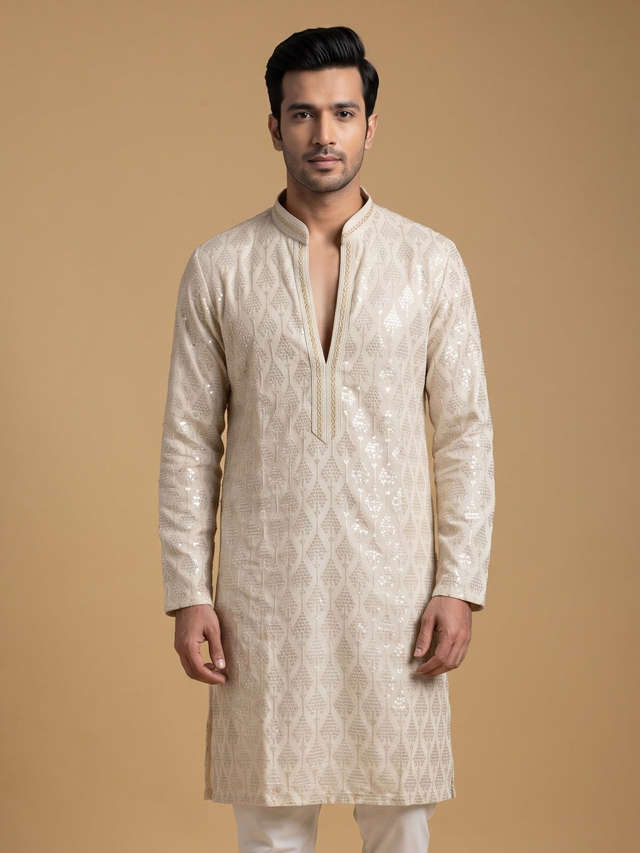 Light Gold Silk Blend Embroidered Kurta Pajama 2Pc Noor