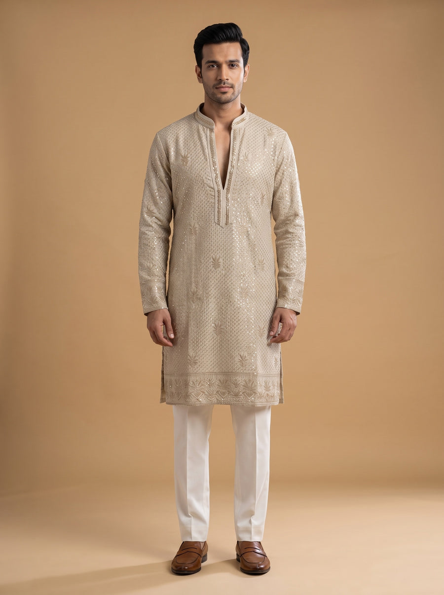 Light Gold Silk Blend Embroidered Kurta Pajama 2Pc Anmol