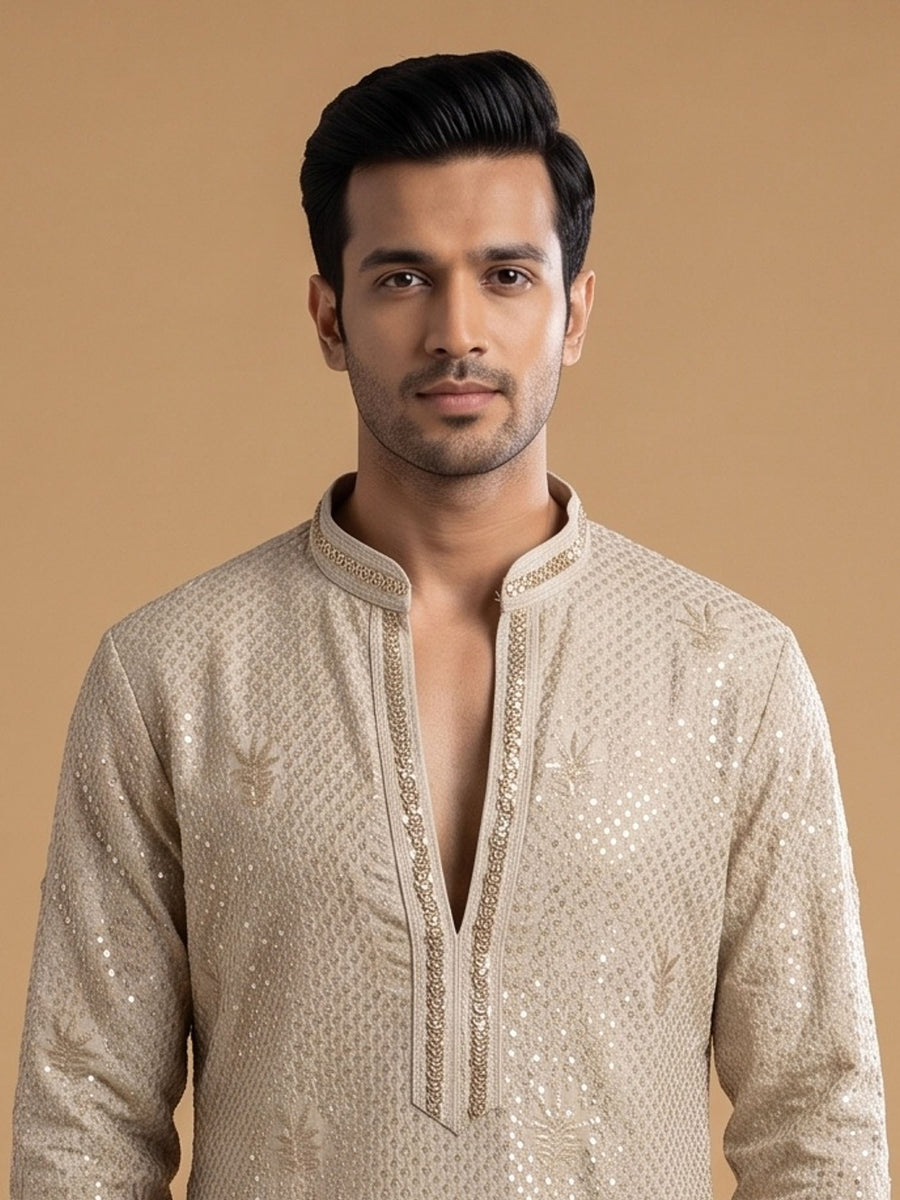 Light Gold Silk Blend Embroidered Kurta Pajama 2Pc Anmol