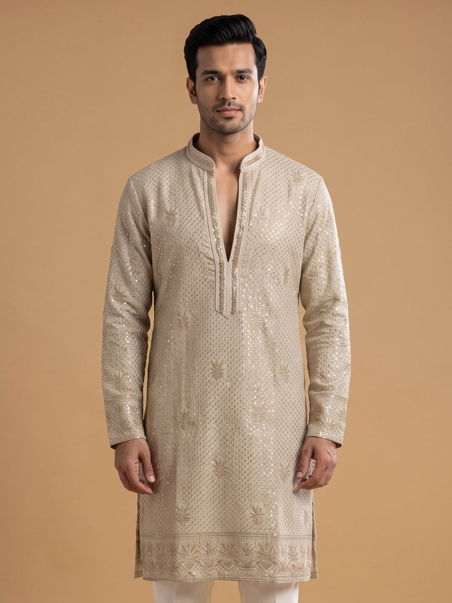 Light Gold Silk Blend Embroidered Kurta Pajama 2Pc Anmol