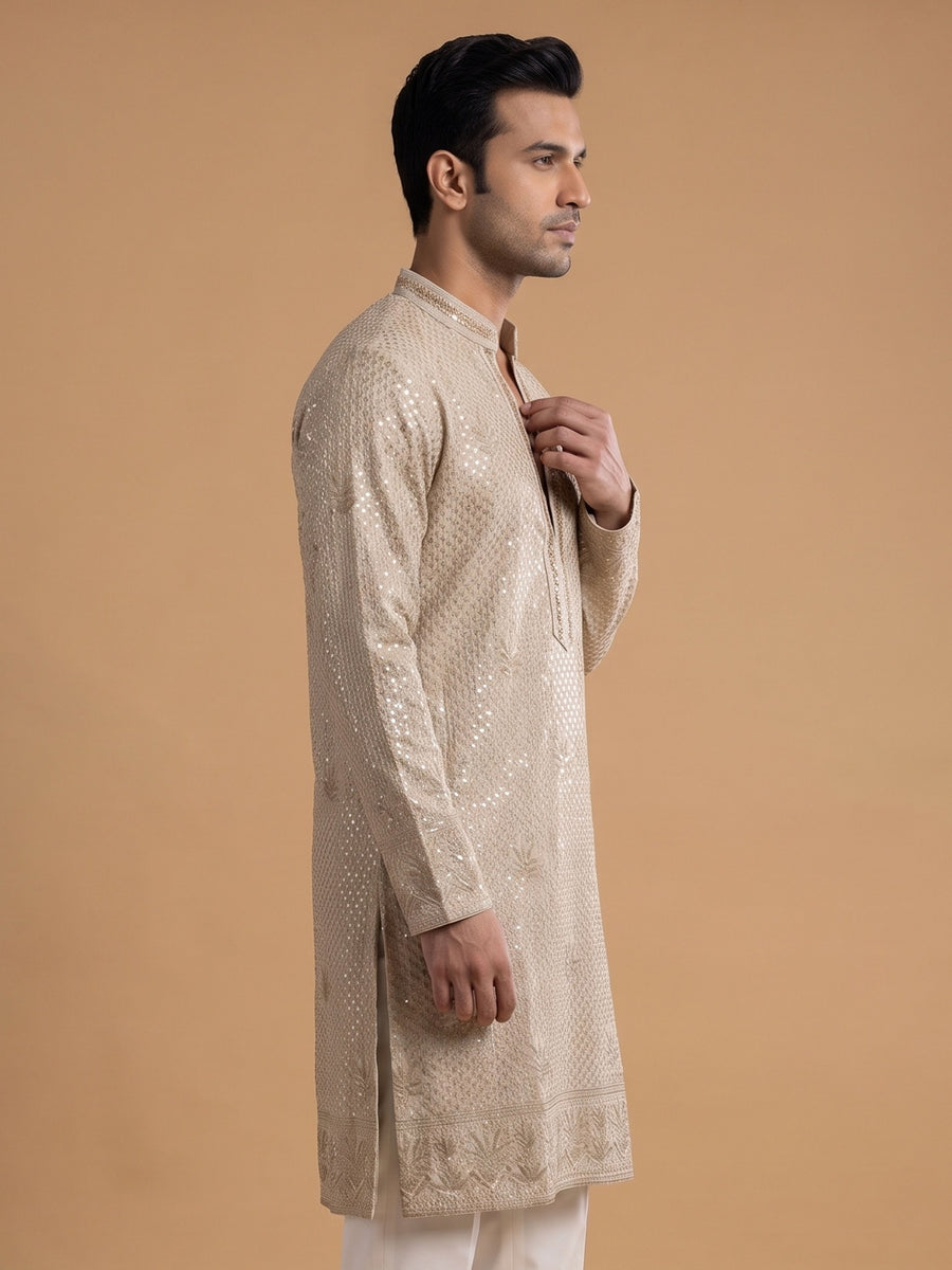 Light Gold Silk Blend Embroidered Kurta Pajama 2Pc Anmol