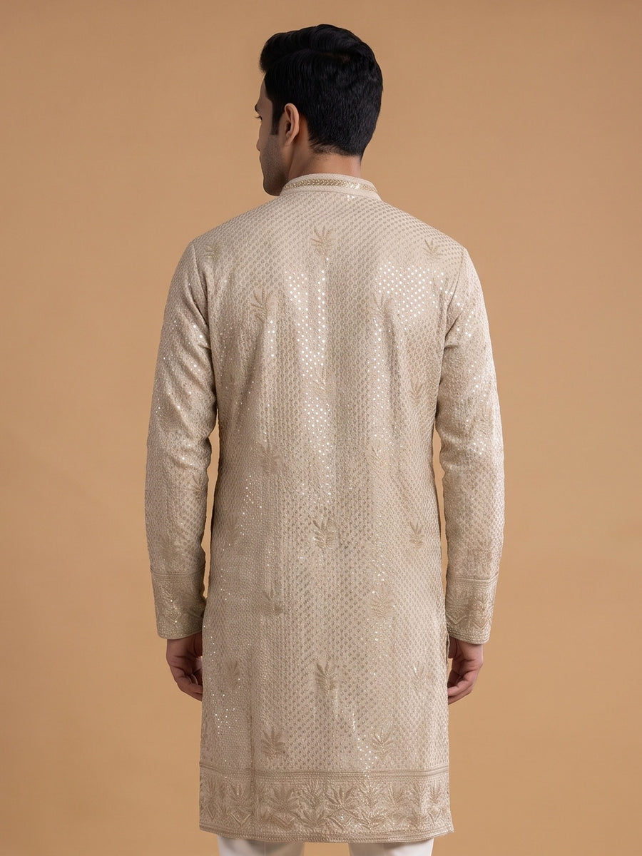 Light Gold Silk Blend Embroidered Kurta Pajama 2Pc Anmol