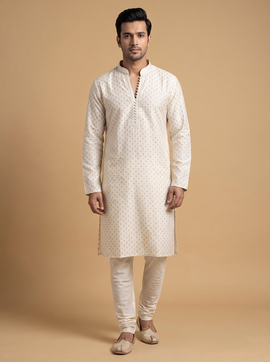 Cream White Silk Blend Printed & Embroidered Kurta Pajama 2Pc Mihir