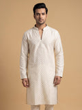Cream White Silk Blend Printed & Embroidered Kurta Pajama 2Pc Mihir