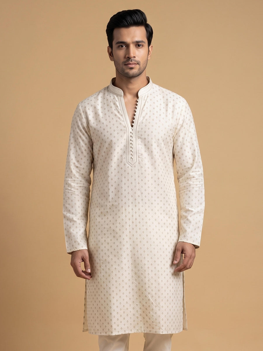 Cream White Silk Blend Printed & Embroidered Kurta Pajama 2Pc Mihir