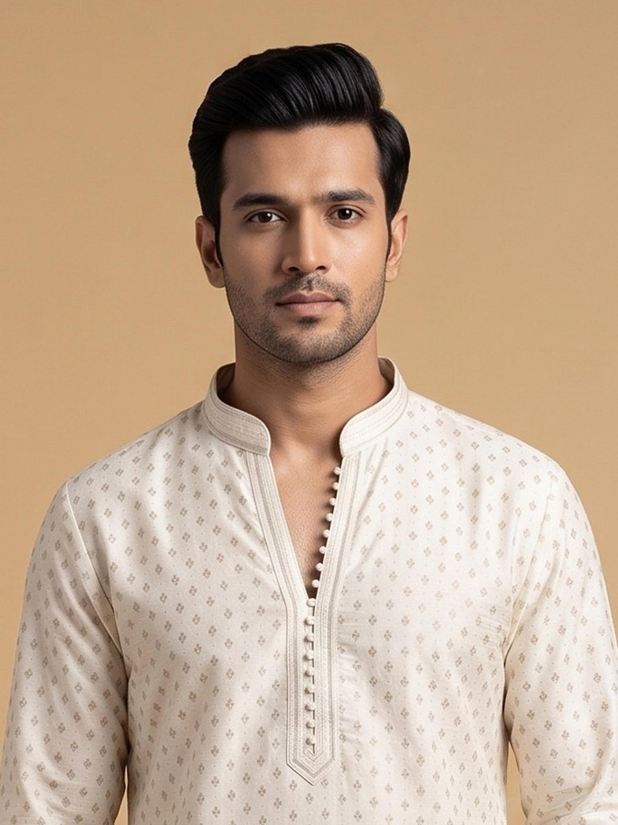 Cream White Silk Blend Printed & Embroidered Kurta Pajama 2Pc Mihir