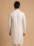 Cream White Silk Blend Printed & Embroidered Kurta Pajama 2Pc Mihir