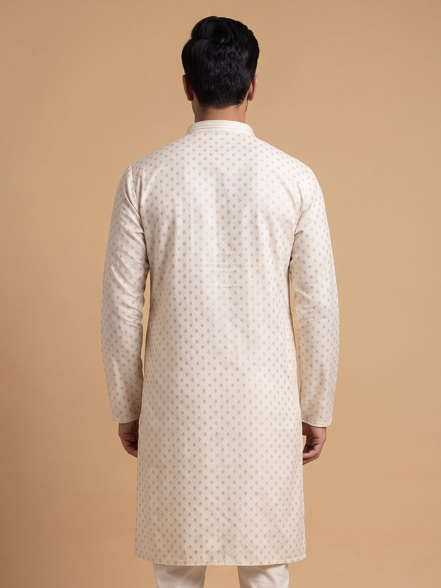 Cream White Silk Blend Printed & Embroidered Kurta Pajama 2Pc Mihir