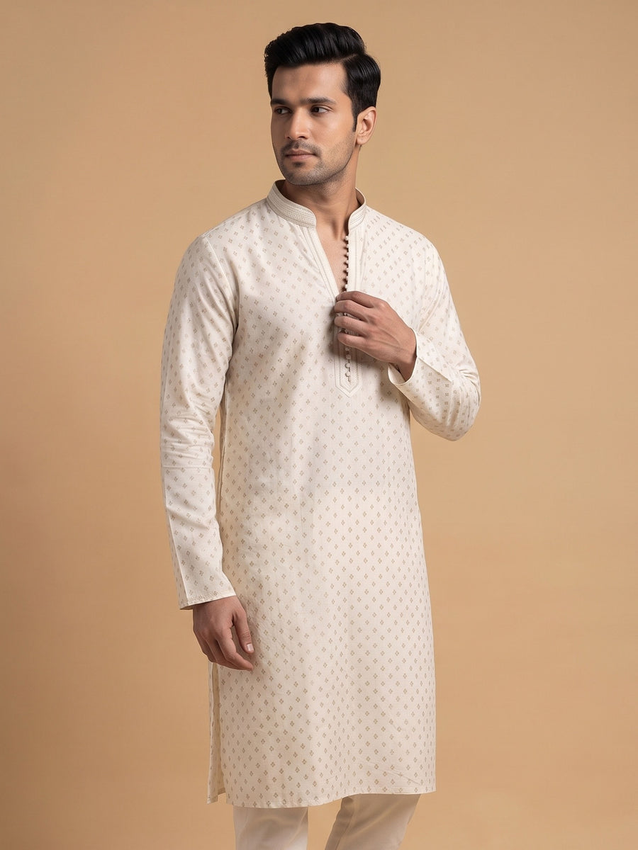 Cream White Silk Blend Printed & Embroidered Kurta Pajama 2Pc Mihir