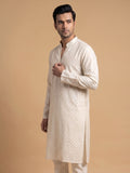 Cream White Silk Blend Printed & Embroidered Kurta Pajama 2Pc Mihir