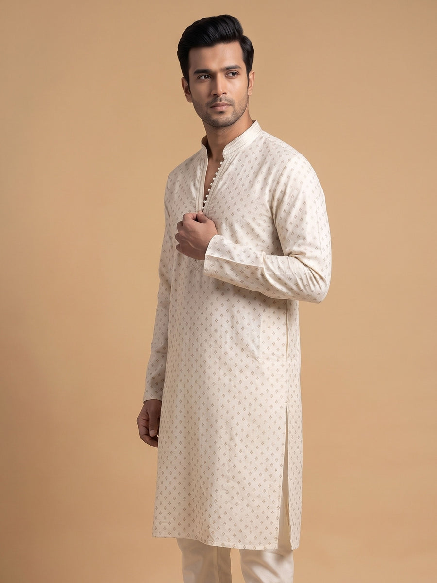 Cream White Silk Blend Printed & Embroidered Kurta Pajama 2Pc Mihir