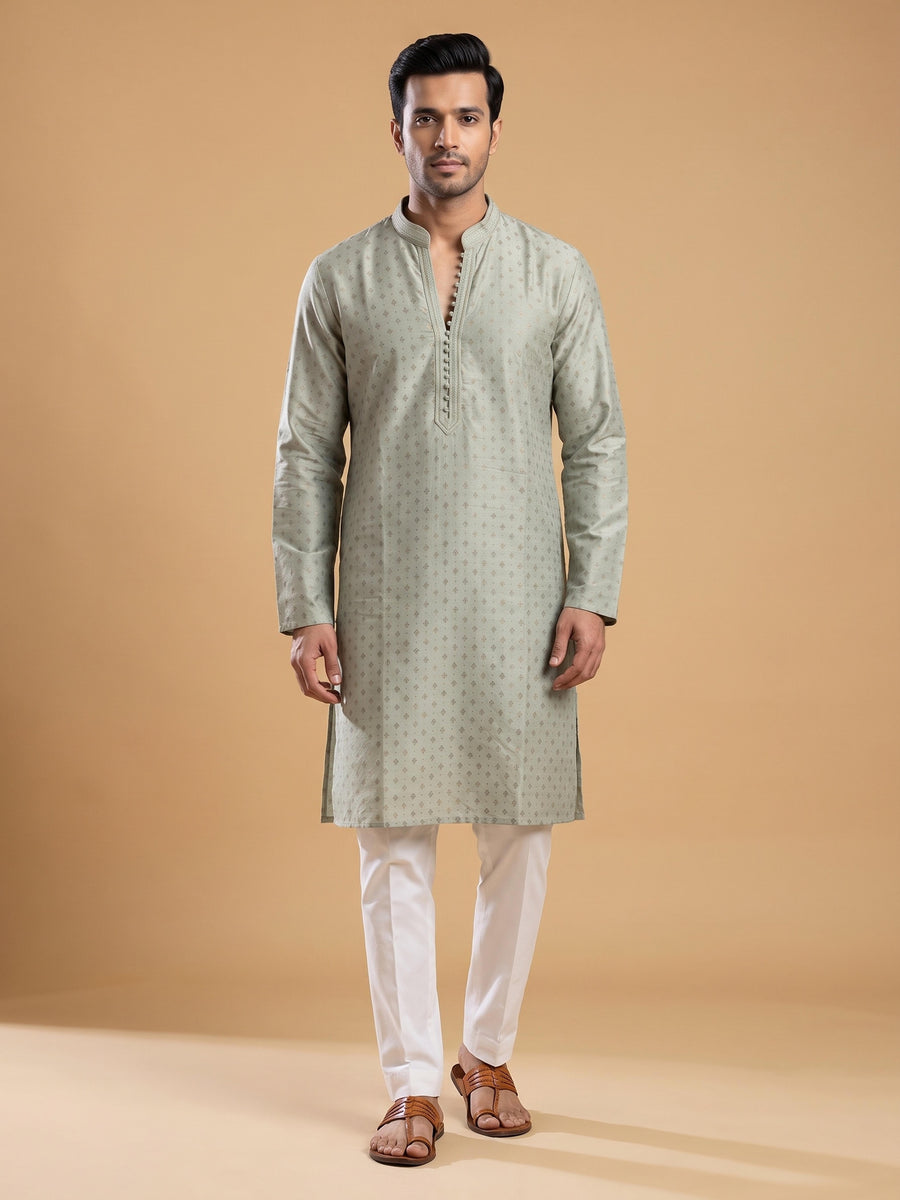 Cream White Silk Blend Printed & Embroidered Kurta Pajama 2Pc Mihir