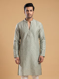Cream White Silk Blend Printed & Embroidered Kurta Pajama 2Pc Mihir