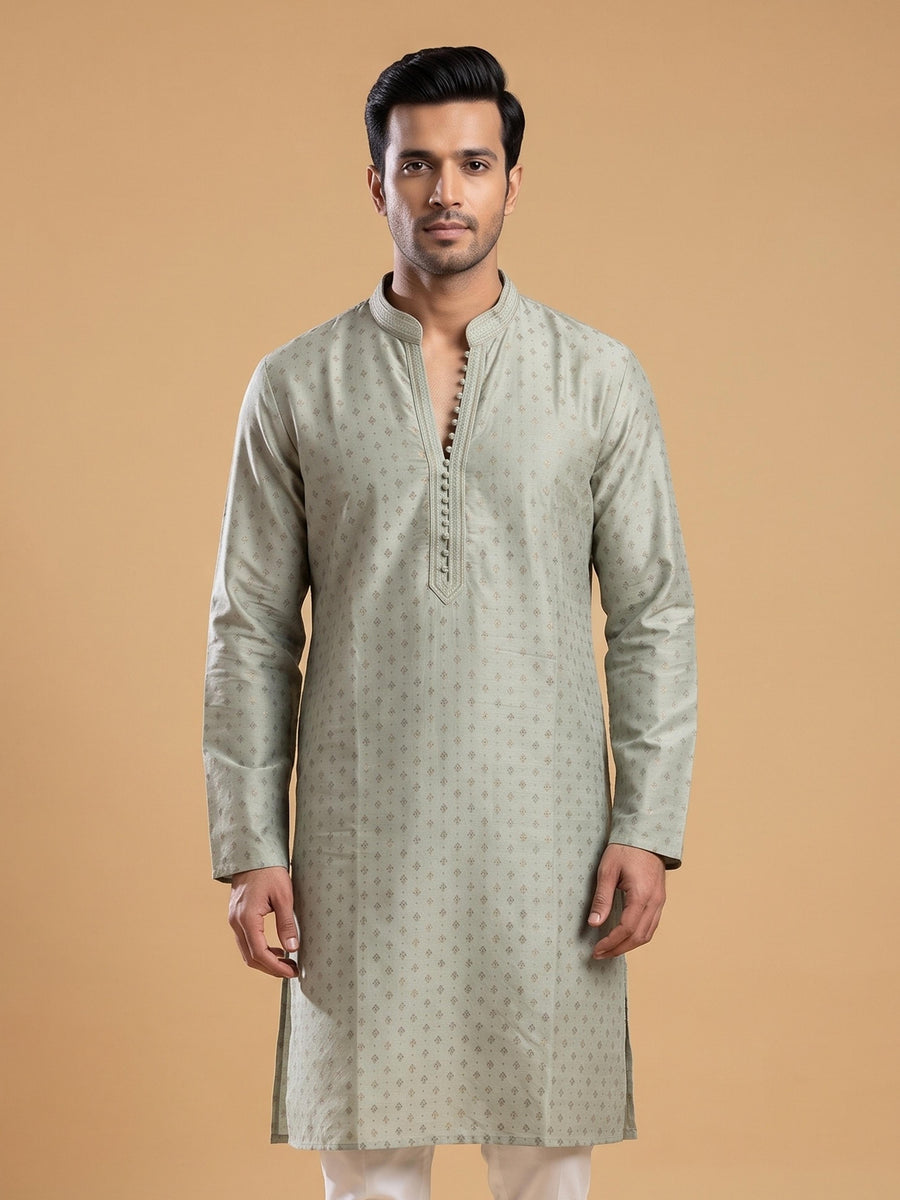 Cream White Silk Blend Printed & Embroidered Kurta Pajama 2Pc Mihir