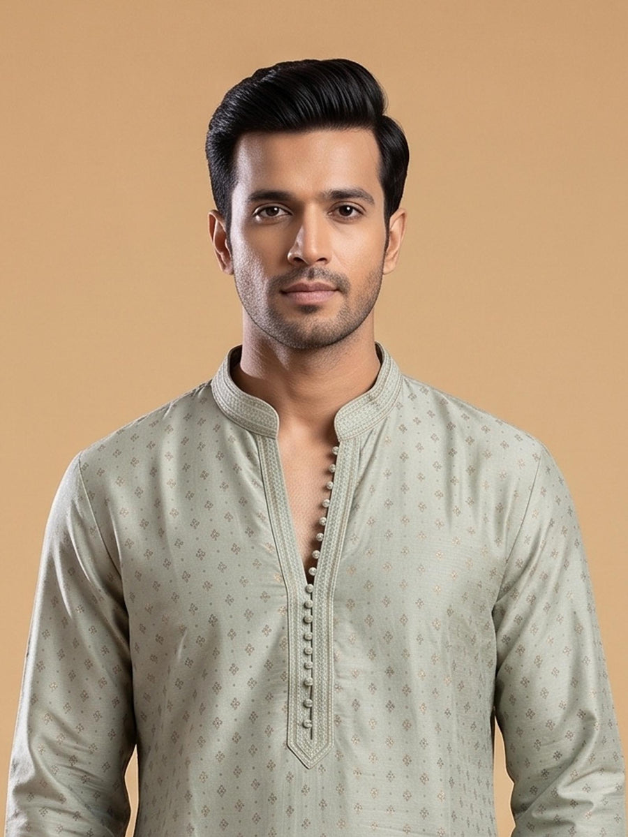 Cream White Silk Blend Printed & Embroidered Kurta Pajama 2Pc Mihir