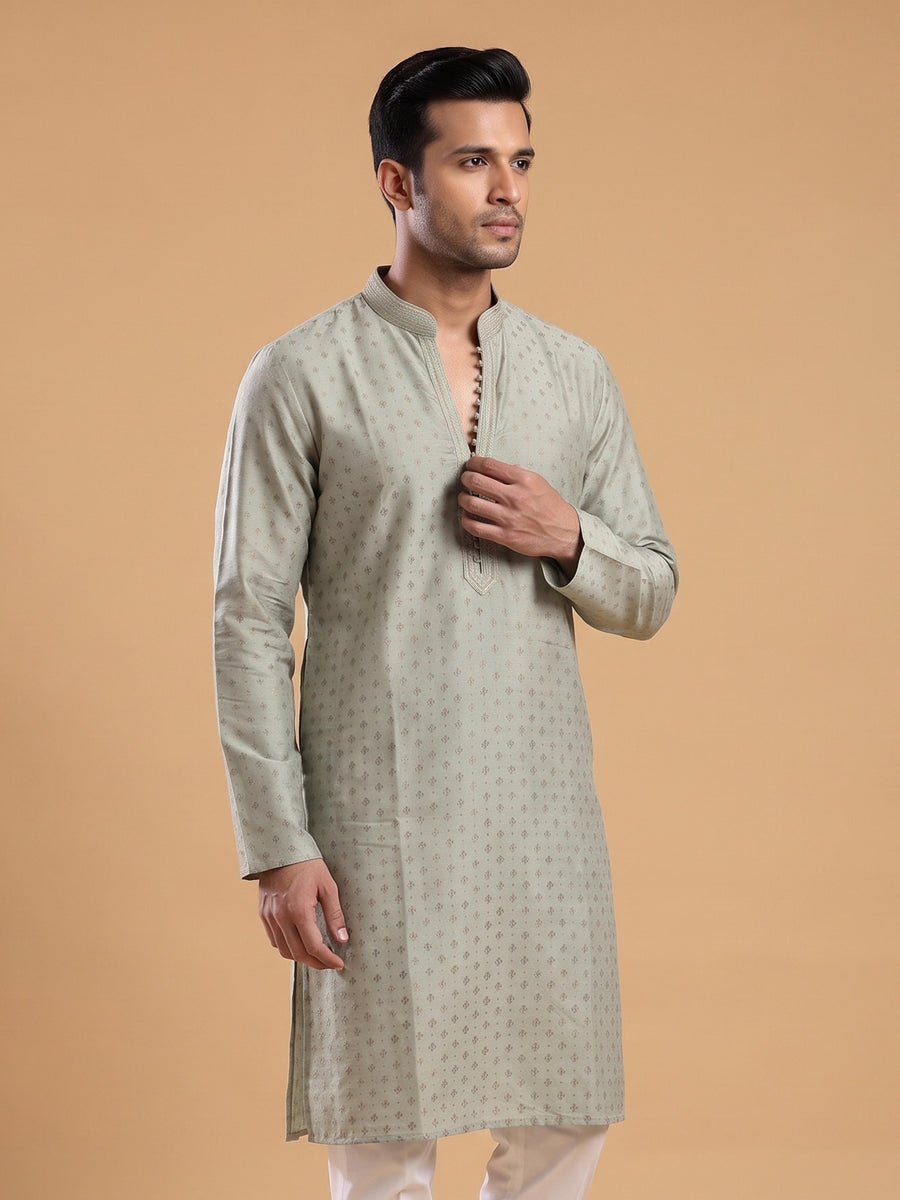 Cream White Silk Blend Printed & Embroidered Kurta Pajama 2Pc Mihir