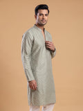 Cream White Silk Blend Printed & Embroidered Kurta Pajama 2Pc Mihir