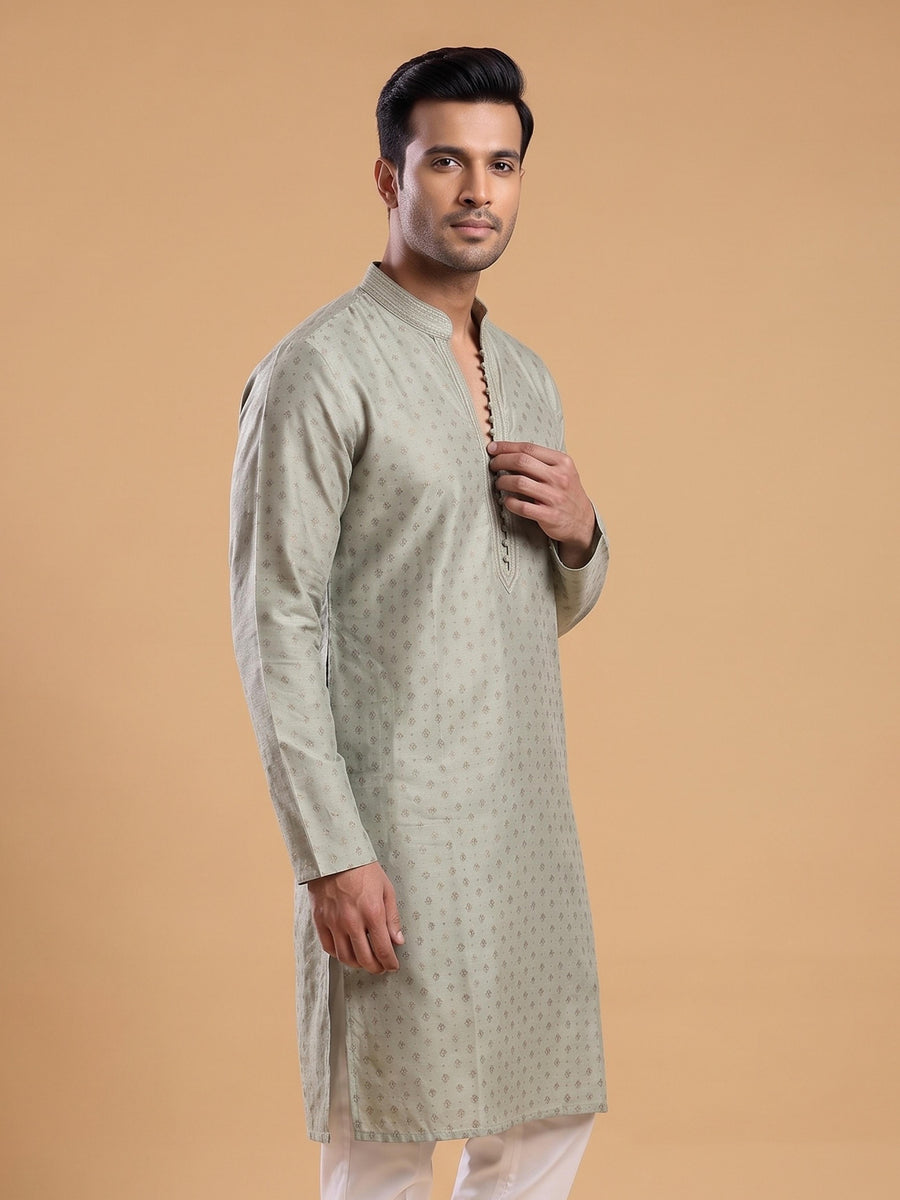 Cream White Silk Blend Printed & Embroidered Kurta Pajama 2Pc Mihir