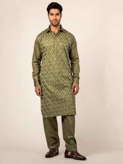 Cotton Embroidered Pathani Suit