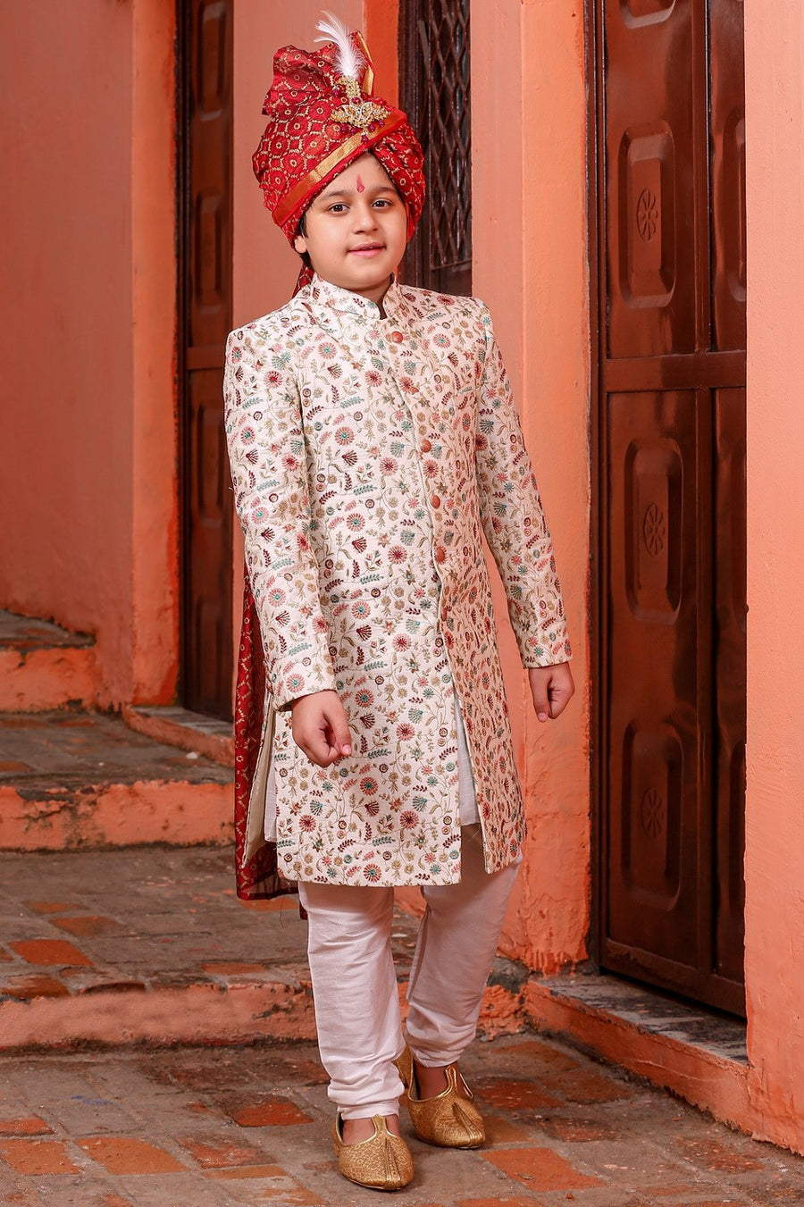 Blue Readymade Kids Sherwani Set In Jacquard Latest 343KW01