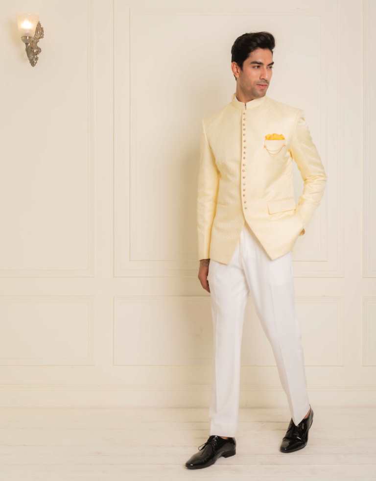 Buy Art Banarasi Silk Jodhpuri Suit In Cream and Multi Colour Online :  279908 -