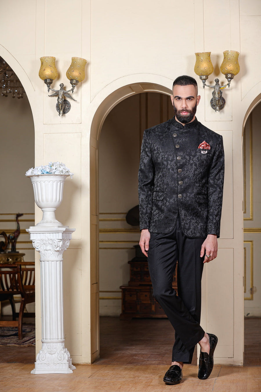 Buy Mls Weaved Angrakha Bandhgala Suit MOHA JSAG MLS 5399 BLK 100 Online Mohanlal Sons
